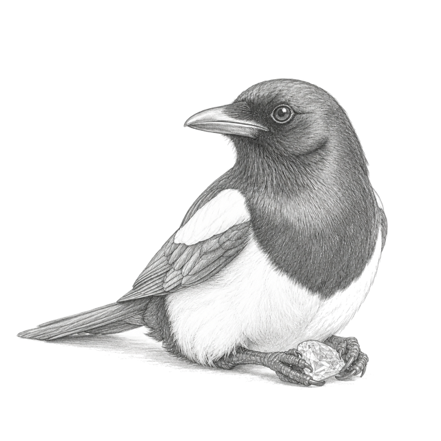 A pencil-drawn magpie guarding a diamond